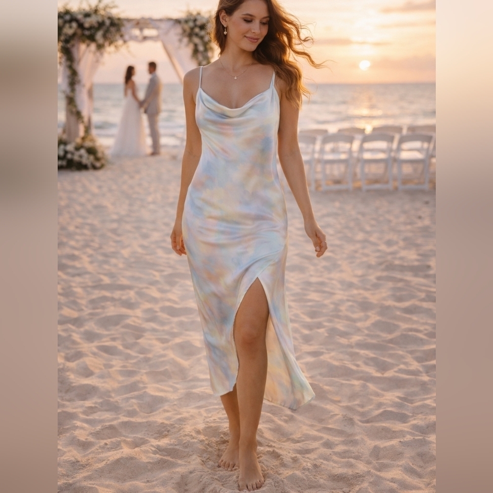 NWT Pastel Satin Slip Dress | Cowl Neck | Beach Wedding Guest | Midi Size L